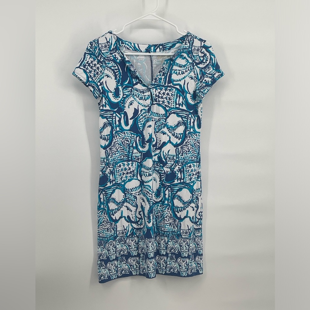 Lilly Pulitzer Short Sleeve Dress Blue Teal Elephants Size X Small Tee Shirt